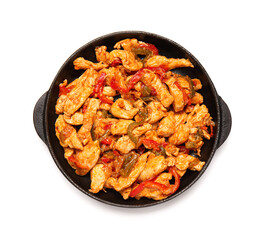 Delicious Fajita in frying pan on white background