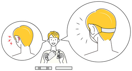 マスクストラップを紹介している男性 マスクのゴム紐で耳の後ろ側が痛い時の対策 イラスト ベクター