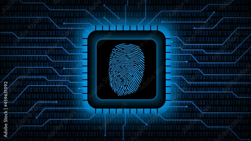Poster fingerprint logo on chip sensor - abstract background in blue of blurred binary code behind informat