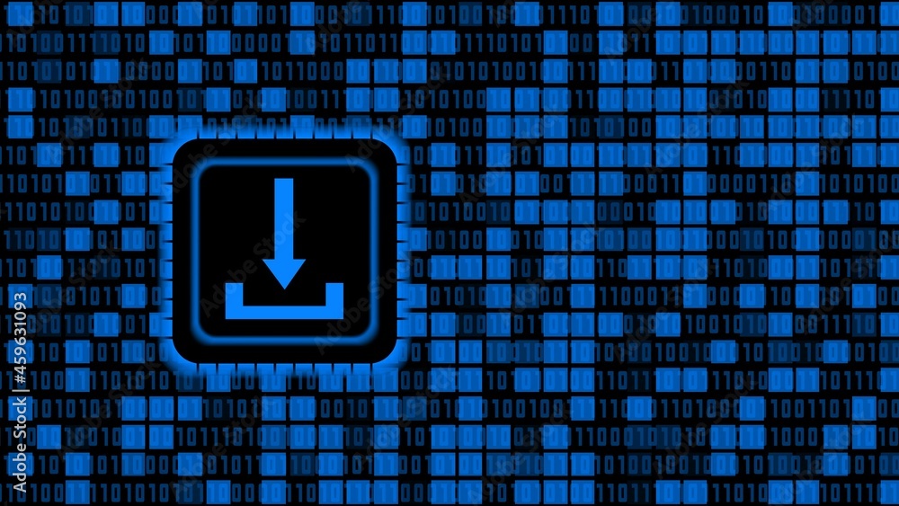 Poster download symbol on chip sensor - abstract binary code background divided with randomly brighted squa