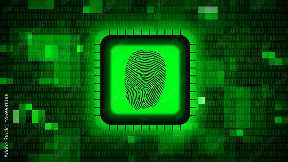 Poster fingerprint logo on chip sensor - abstract background in green of blurred binary code - security sca