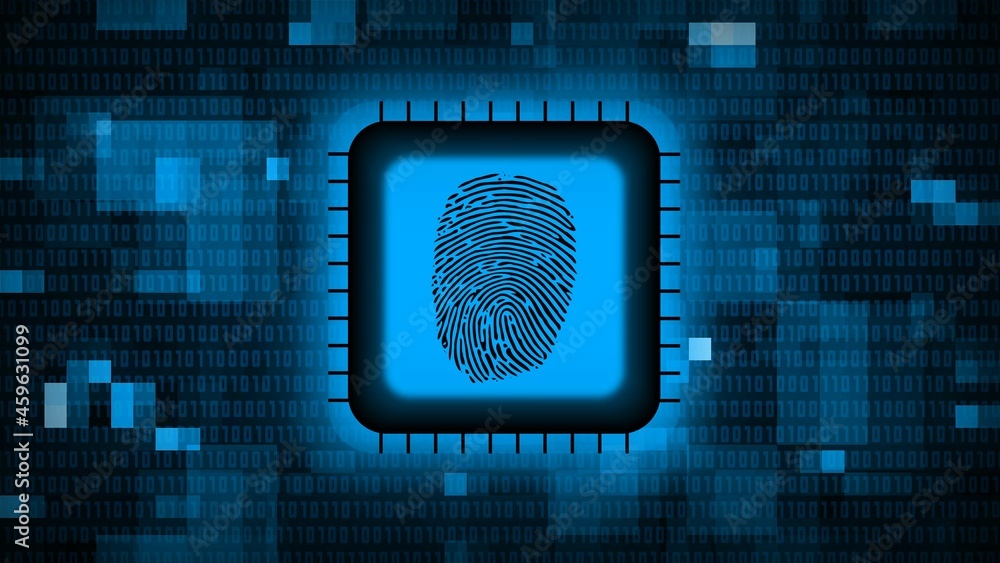 Aufkleber fingerprint logo on chip sensor - abstract background in blue of blurred binary code - security scan