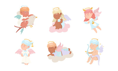 Baby angels set. Adorable cupidons with nimbus and wings cartoon vector illustration