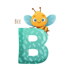 B letter and cute bee baby insect. Zoo alphabet for children education, home or kindergarten decor cartoon vector illustration
