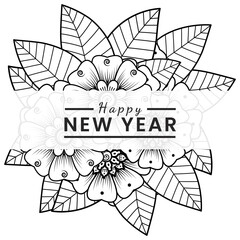 Happy new year with mehndi flower, doodle ornament, outline hand draw. coloring book page.