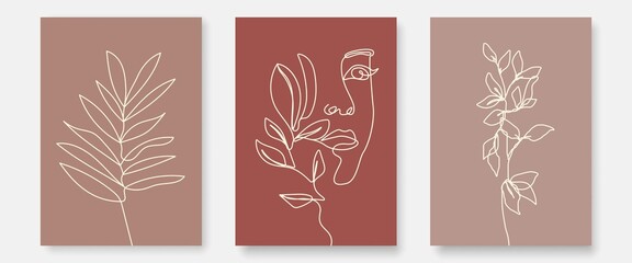 Continuous Line Drawing of Woman Face, Leaves Set. Botanical Minimalist Concept, Line Art Beauty Drawing, Vector Illustration. Good for Prints, T-shirt, Banners, Slogan Design Modern Graphics Style