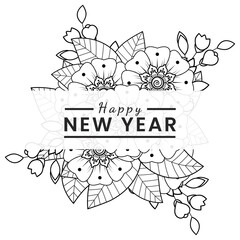 Happy new year with mehndi flower, doodle ornament, outline hand draw. coloring book page.
