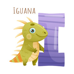 I letter and cute iguana baby animal. Zoo alphabet for children education, home or kindergarten decor cartoon vector illustration