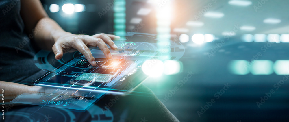 Fototapete Businessman using tablet and touching data of banking on network connection. Digital marketing. Finance and banking networking. Online shopping and customer network, Technology cyber security.