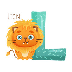 L letter and cute lion baby animal. Zoo alphabet for children education, home or kindergarten decor cartoon vector illustration