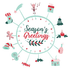 Christmas post card with merry xmas doodles and modern Christmas insignia. Callygraphic logo. Vector