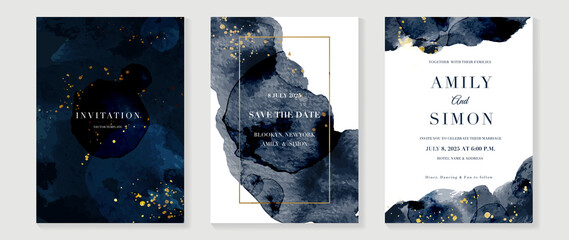 Star and moon themed wedding invitation vector template collection. Gold and luxury save the dated card with watercolor and gold sparkles and brush texture. Starry night cover design background.