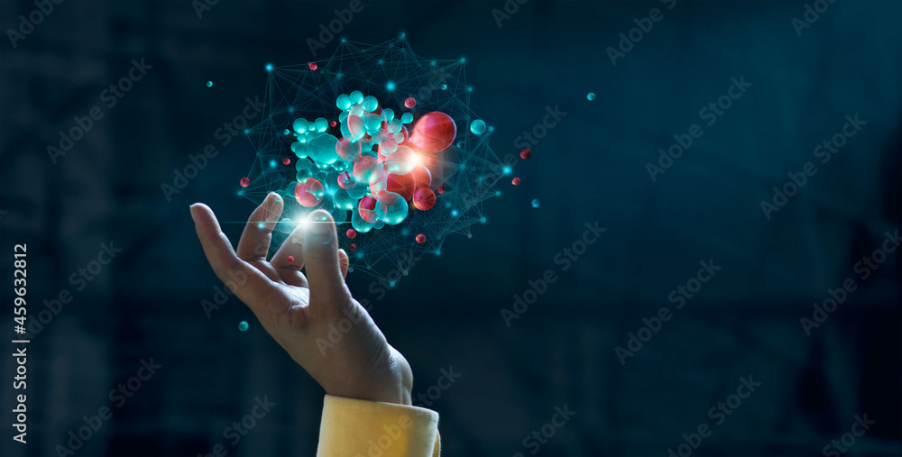 Poster Abstract of networking on cyberspace. Big data visualization.  Businessman touching multi color digital network connection on social network. Science. IOT. Innovation in futuristic. 3D rendering.