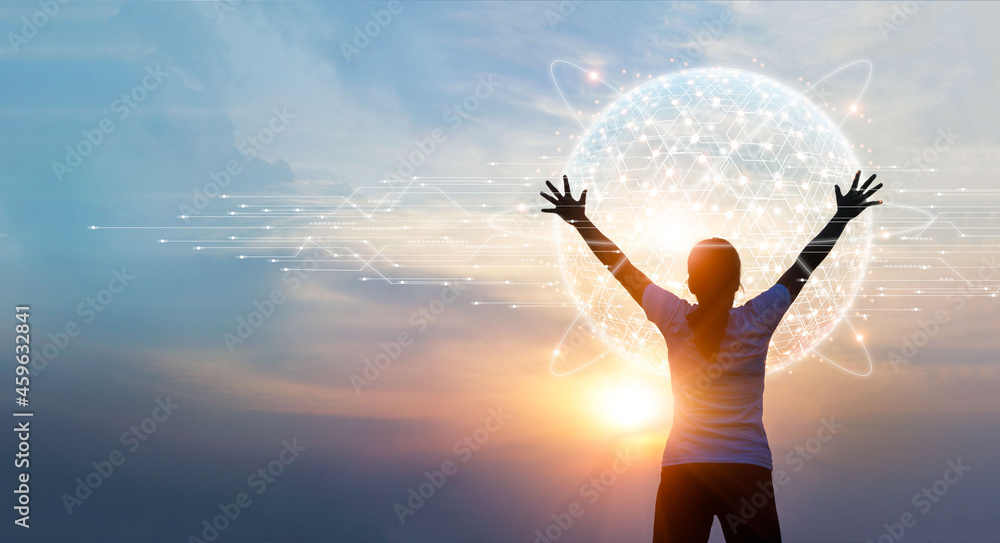 Aufkleber Woman touching big global digital network connection on social network. Telecommunication. Concept of 5G wireless digital connection and future technology of communication. Science. 3D rendering.
