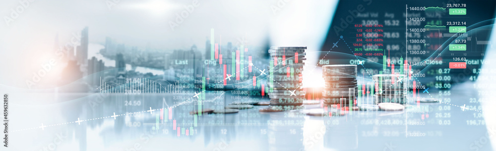 Aufkleber stock exchange market graph chart and stack of money coins with trading graph for finance investor. 