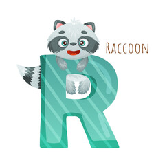 R letter and cute raccoon baby animal. Zoo alphabet for children education, home or kindergarten decor cartoon vector illustration