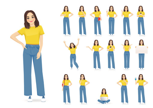 Young woman with short hairstyle in casual style clothes set different gestures isolated vector illustration