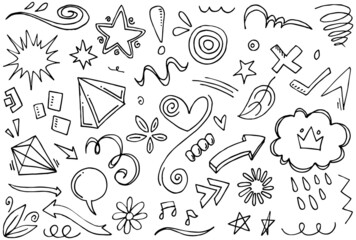 Abstract arrows, ribbons, crowns, hearts, explosions and other elements in hand drawn style for concept design. Doodle illustration. Vector template for decoration