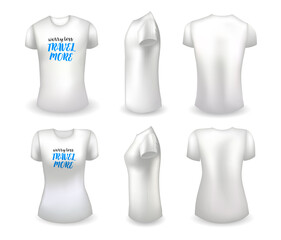 Blank white male and female t shirt realistic template and white t shirt with label. Worry less travel more badge. Vector