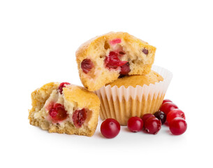Tasty muffins with cranberry isolated on white background