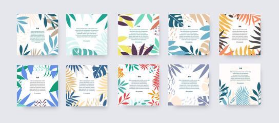 Vector square banner for social media, colorful post with tropical leaves, palms, monstera, place for text.