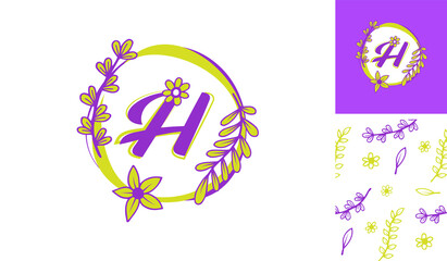 Beautiful Flower Logo using letter H with leafs, flowers and stem for Boutique, women, girl, lady, makeup, beauty brands with a pattern for branding designs