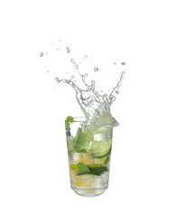 Glass of splashing lemonade on white background