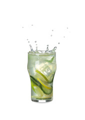 Glass of splashing lemonade on white background