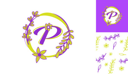 Beautiful Flower Logo using letter P with leafs, flowers and stem for Boutique, women, girl, lady, makeup, beauty brands with a pattern for branding designs