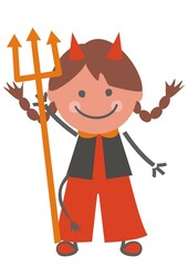 devil with pitchfork, girl at masquerade mask, cute vector illustration