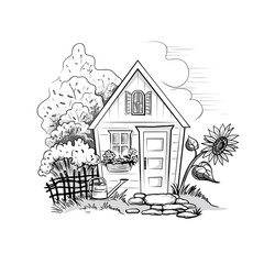 .Garden house. Summer house with bushes, fence, watering can and sunflower. Vector illustration. Monochrome sketch.