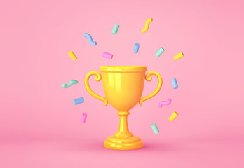 Cartoon winners trophy, champion cup with falling confetti on pink background
