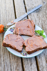   Raw, glutten free Sandwich with  Fresh homemade chicken liver pate and ketogenic  Low Carb Bread 