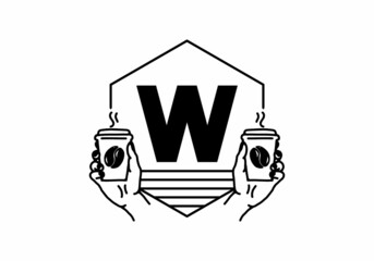 Hand holding a coffee cup line art with W initial letter