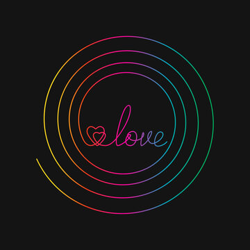 One line drawing of word LOVE and two hearts inside spiral, Rainbow colors on black background vector minimalistic linear illustration of love and life concept made of continuous line