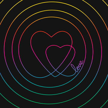 One line drawing of word LOVE and two hearts inside spiral, Rainbow colors on black background vector minimalistic linear illustration of love and life concept made of continuous line