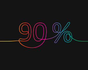 One line drawing of 90 percent discount, Rainbow colors on black background vector minimalistic linear illustration made of continuous line