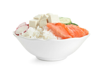 Tasty poke bowl on white background