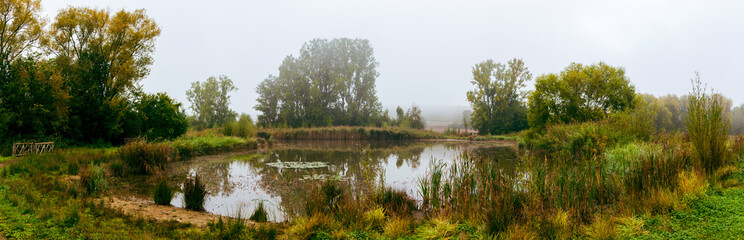 Morning's Foggy Landscape of Mühlbachaue Saulheim, Germany
Morning fog over the lake in the morning. fog over water and reed grass. Reflection of trees in the water. 
