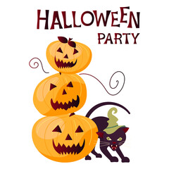 Happy Halloween poster with orange pumpkin and black cat