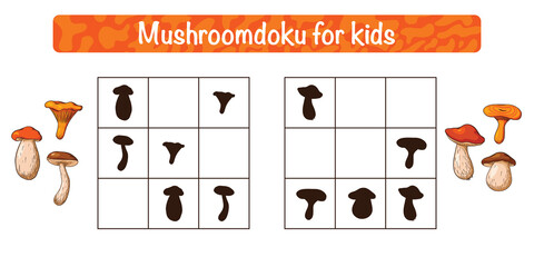 Mushroomdoku Educational Game for Kids. Sudoku with edible mushrooms activity for children. School puzzle. Educational worksheet. Premium Vector - obrazy, fototapety, plakaty