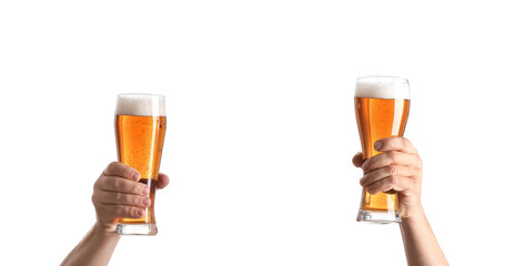 Hands with glasses of beer on white background