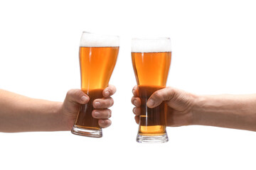 Hands with glasses of beer on white background