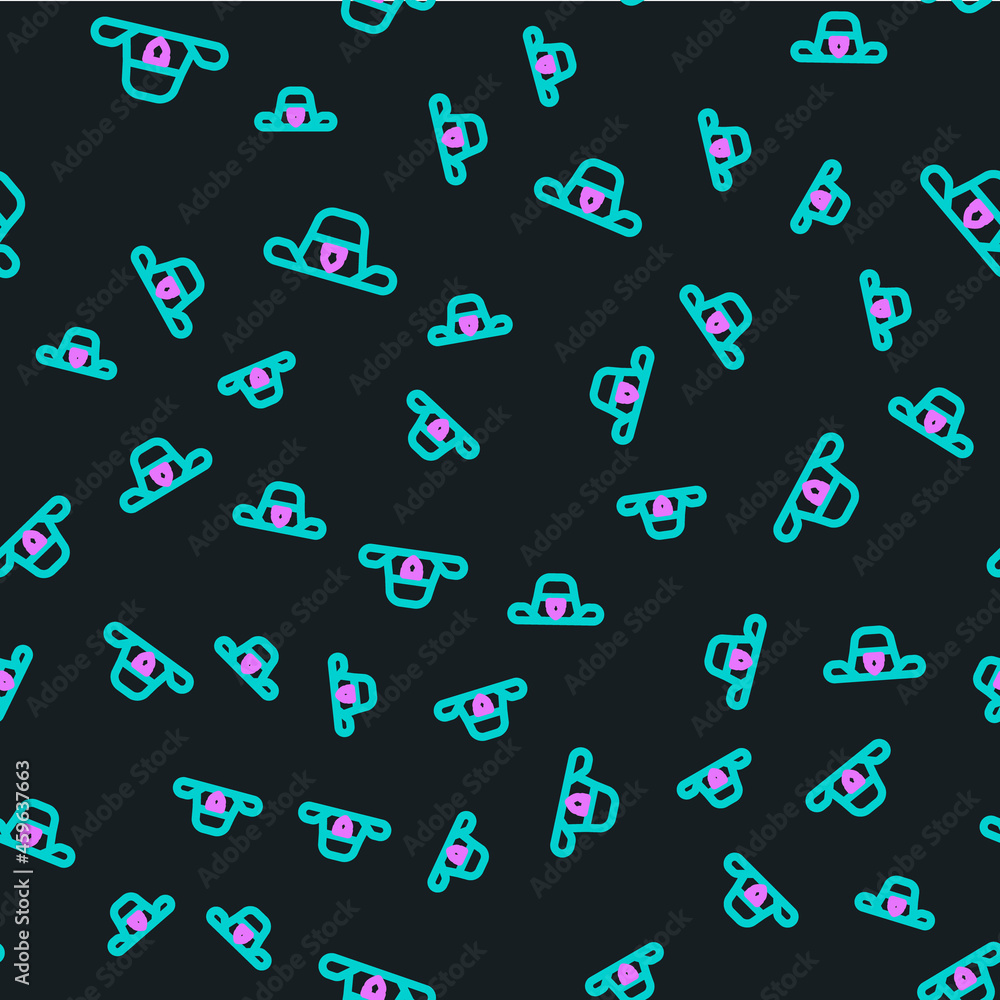 Poster line sheriff hat with badge icon isolated seamless pattern on black background. vector