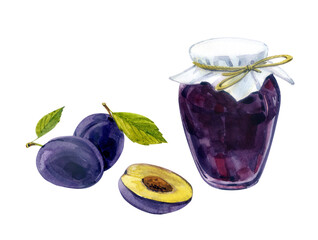 Watercolor clip art. Plum jam in a glass jar, the plum is whole and in pieces. Hand drawing.