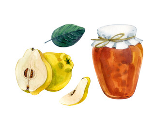 Watercolor clip art. Quince jam in a glass jar, whole quince and pieces. Hand drawing.