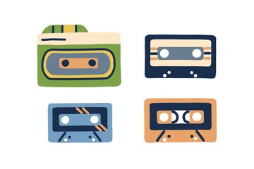 Retro cassettes set. Tape records of 80s and 90s. Old audio music casettes of eighties and nineties. Compact audiocassettes in doodle style. Flat vector illustration isolated on white background