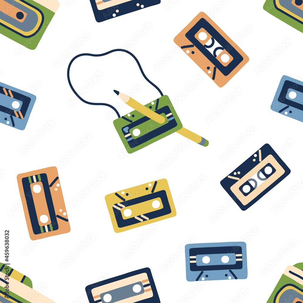 Poster retro cassette pattern. seamless music background with 90s casette tapes and pencils. 80s endless re