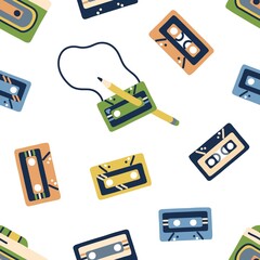 Retro cassette pattern. Seamless music background with 90s casette tapes and pencils. 80s endless repeating texture for printing. Repeatable backdrop. Printable flat vector illustration for decoration