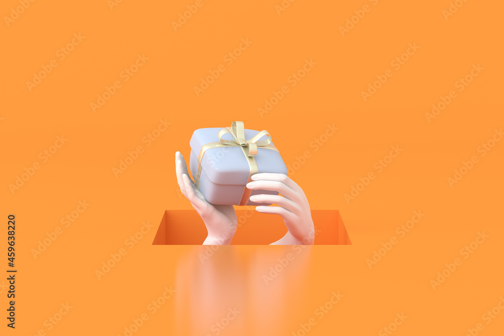 Poster 3d rendering of square hole with hands are holding gift box on orange background.